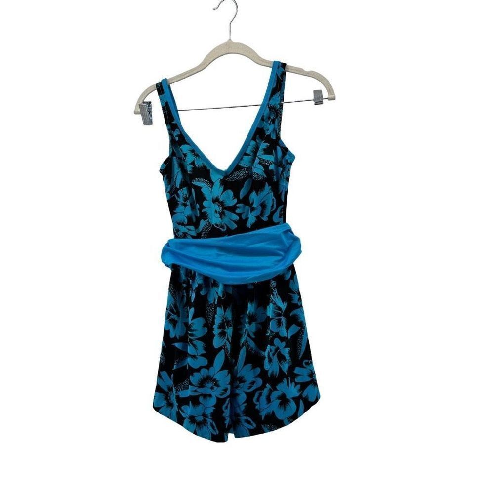 Vintage Floral Swim Dress with‎ Attached Briefs Sash Tie Blue Black Union Tag 12